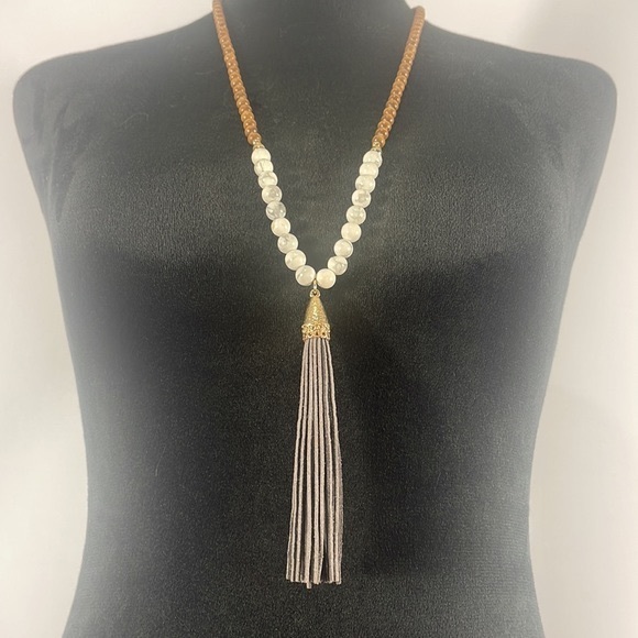 BCBG Long Tassel White,Grey Howlite & Wood, Necklace,Gold,Grey Suede Tassel,Boho - Picture 8 of 8